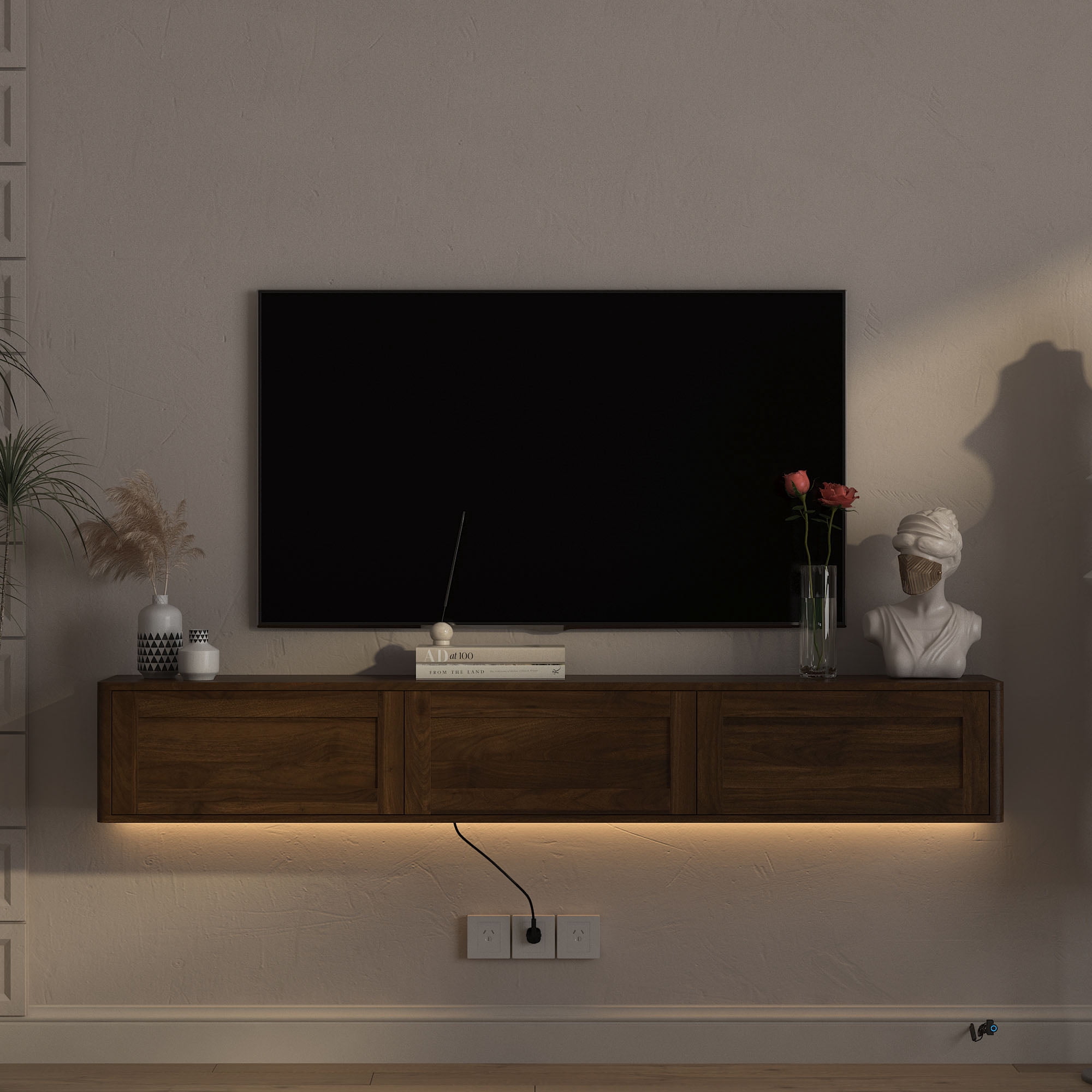 S-HOME Wall Mounted TV Shelf Featuring Led Lights and Power Outlet, High Gloss Floating TV Stand for Your Living Room