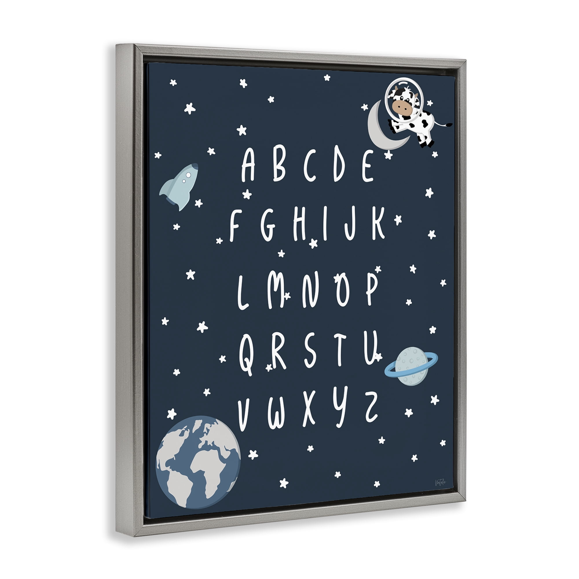Stupell Industries Outer Space Alphabet Novelty Painting Gray Floater Framed Art Print Wall Art, 17 x 21