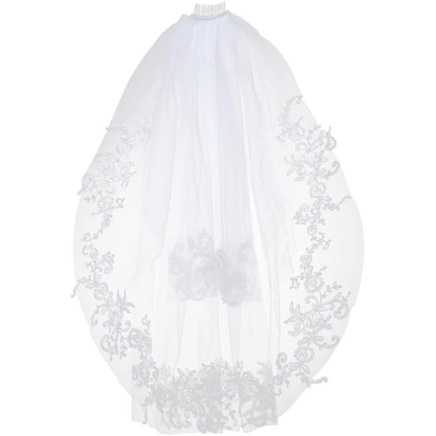 1 velo de novia de nailon con peineta, borde de encaje blanco, velo de novia bordado, borde de velo de novia con pinza para el pelo para mujer, fiesta