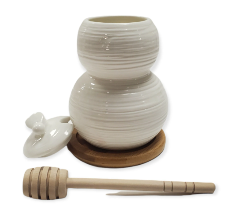 Debora Carlucci White Porcelain Honey Jar and Dipper On a Bamboo Base