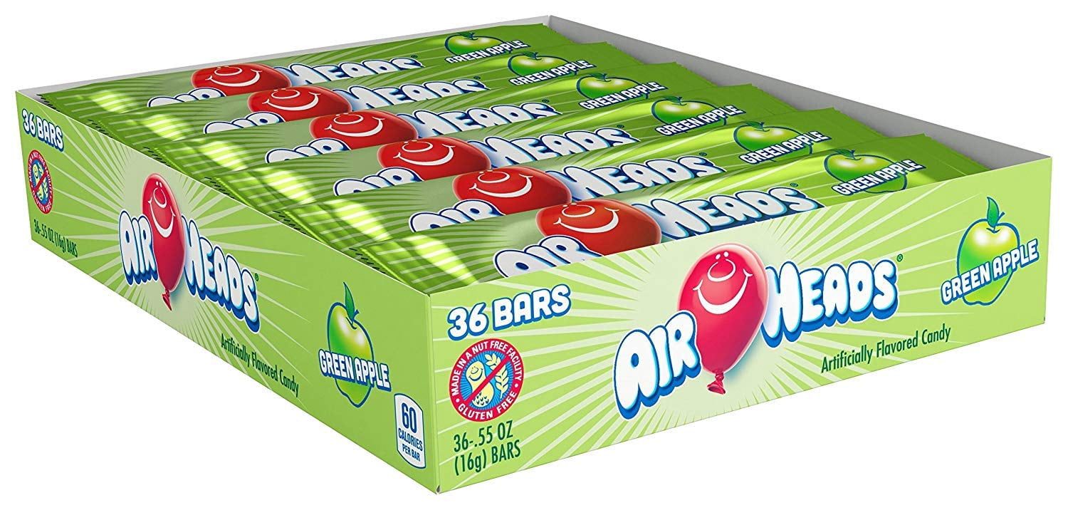 Airheads Candy, Individually Wrapped Full Size Bars for Stocking Stuffers, Green Apple, Gifts, Bulk Taffy, Non Melting, Party, 0.55 Ounce (Pack of 36)