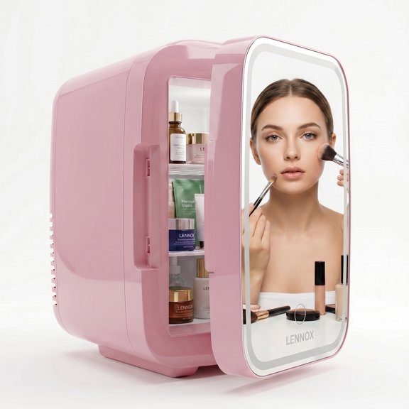 Behome 4L Mini Fridge with Mirror & 3 Brightness Levels, Quiet Small Fridge Cooler & Warmer, Mini Refrigerator for Bedroom, Office, Car, for Food, Drinks, Skincare & Makeup