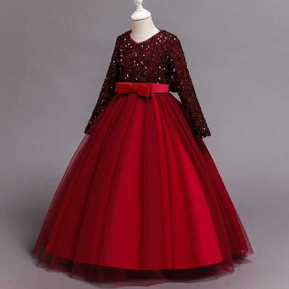 Girl Red Dress with Sleeves and Rhinestone for wedding, pageant, graduation, Birthday , New Year and Eid 7 years old.