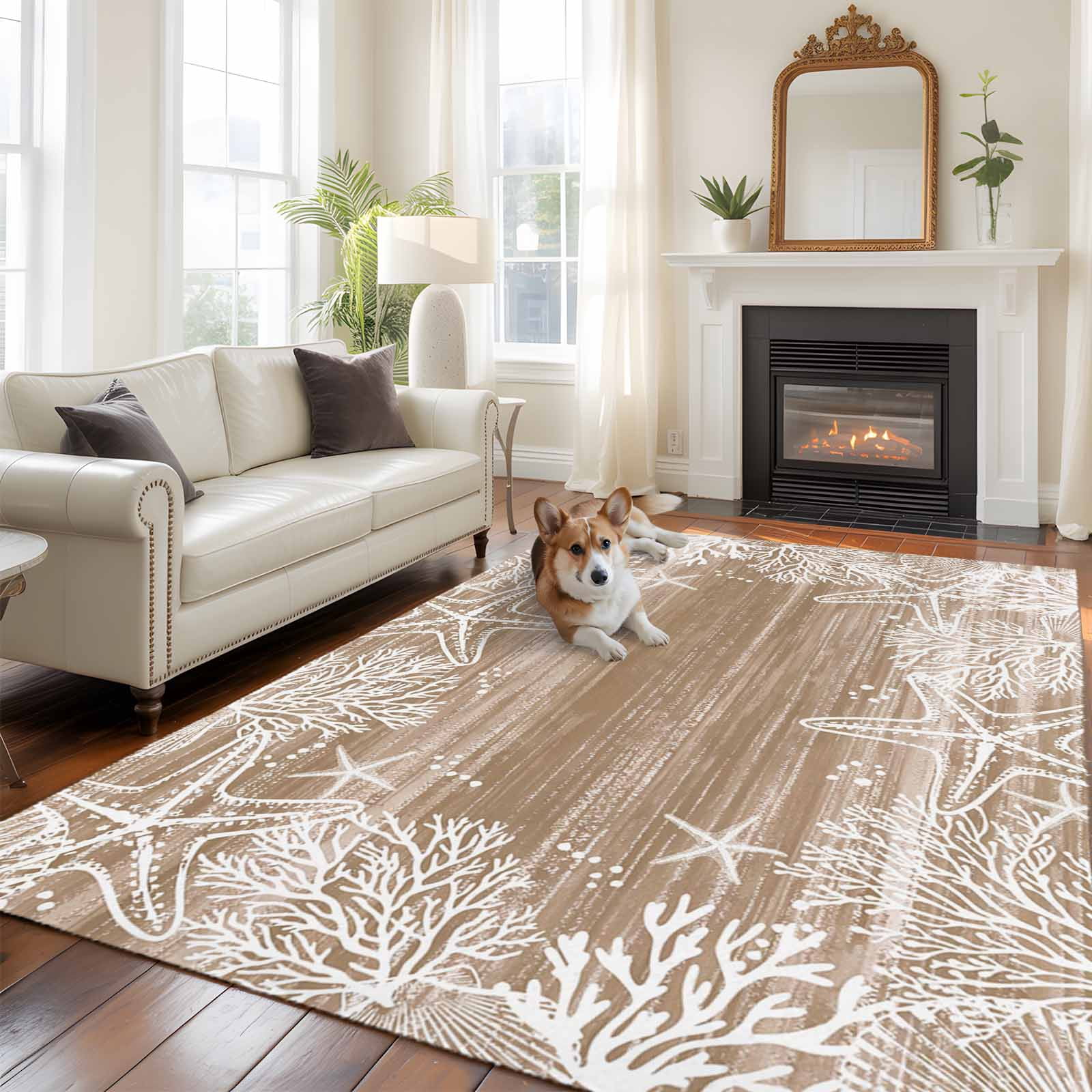 Brown Coastal Area Rugs 8'x10', Washable Small Throw Rugs for Living Room Patio, Summer Ocean Sea Ombre Starfish Corals Indoor Outdoor Rug Non-Slip Low Pile Carpet Runner Reversible Floor Mats
