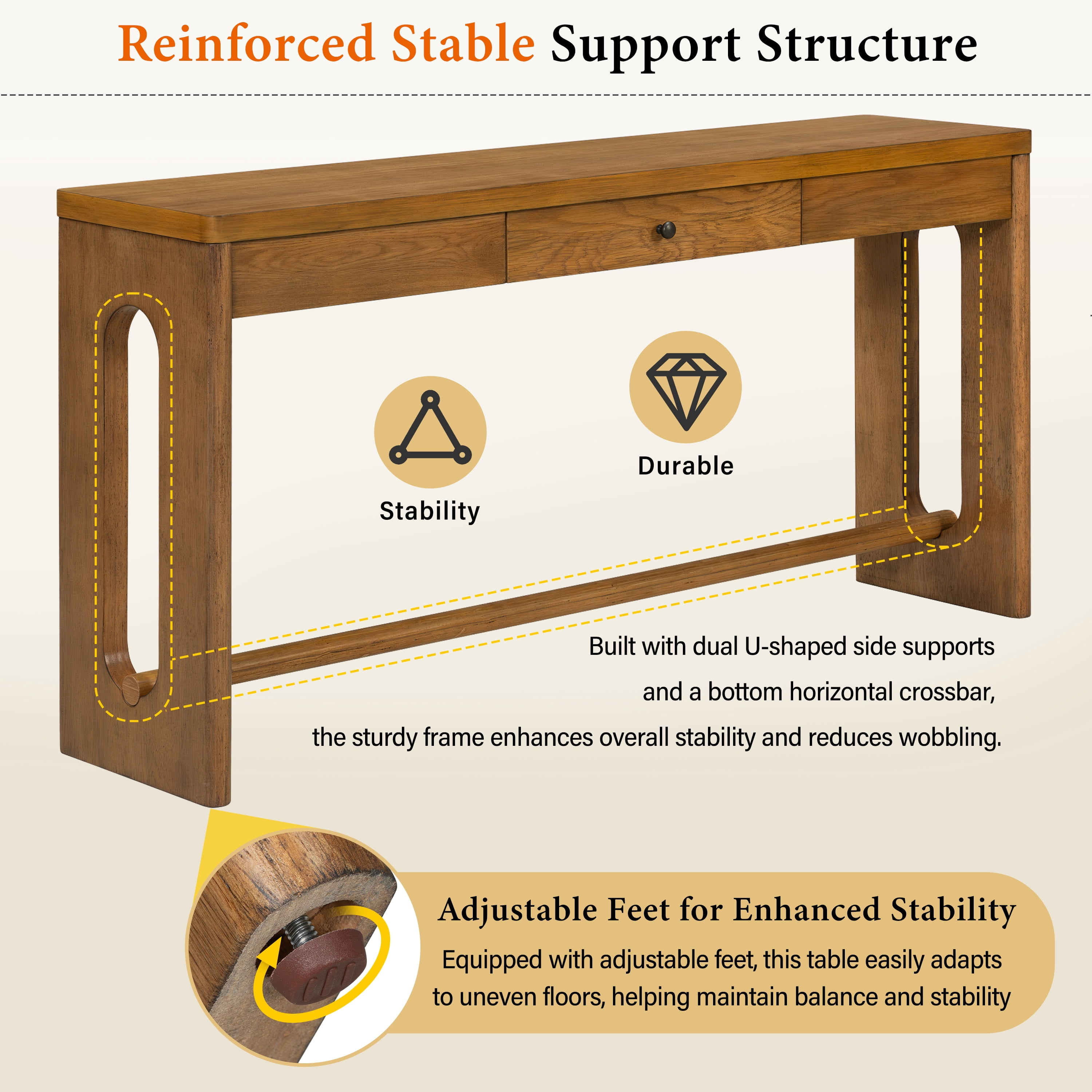 59.8" Wooden Entryway Table with Oak Veneer Retro Console Table With Drawer And Round Handle,Multi-Functional Sofa Table with oval cutout leg for Hallway, Entryway, Living Room