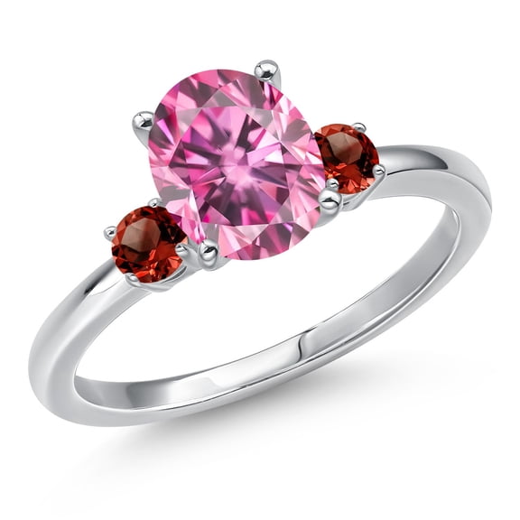 Gem Stone King 14K White Gold Pink Moissanite and Red Garnet Engagement Ring for Women | 2.30 Cttw | Oval 9X7MM | Gemstone Birthstone | Size 6