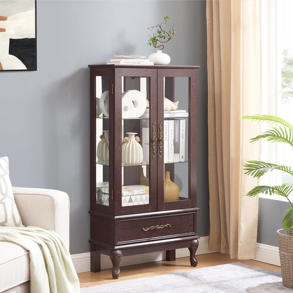 51" H Lighted Curio Display Cabinet with 2 Doors & 1 Drawer, Glass Wine Cabinet, Wooden Glass Curio Showcase w/Adjustable Shelves & Mirrored Back Panel, Storage Cabinet Display Case for Living Room