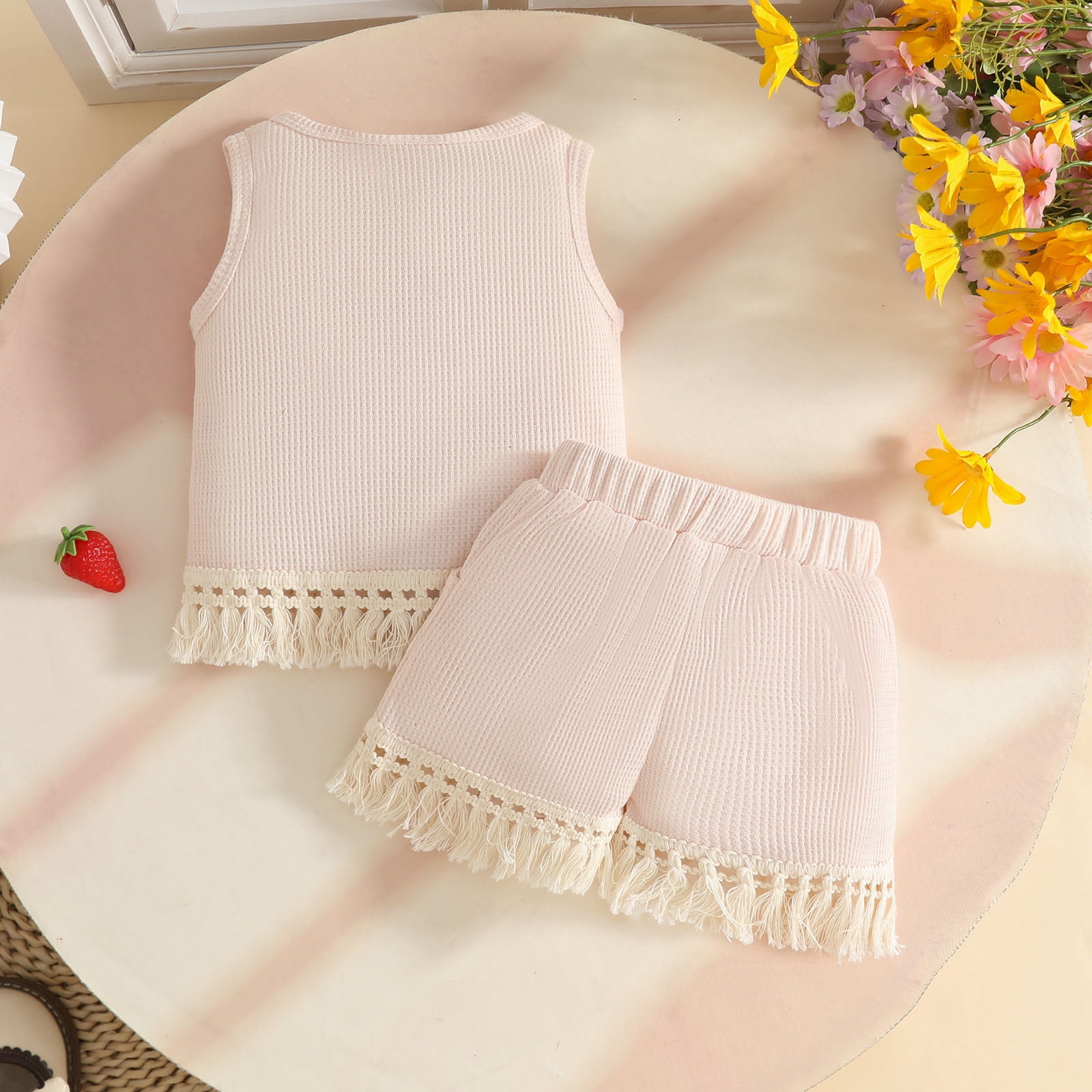 Faraee 0-3 Years Toddler Baby Girl Summer Clothes Ribbed Waffle 2 Piece Outfits Tassel Hem Tank Tops Drawstring Shorts Clothing Set Beige