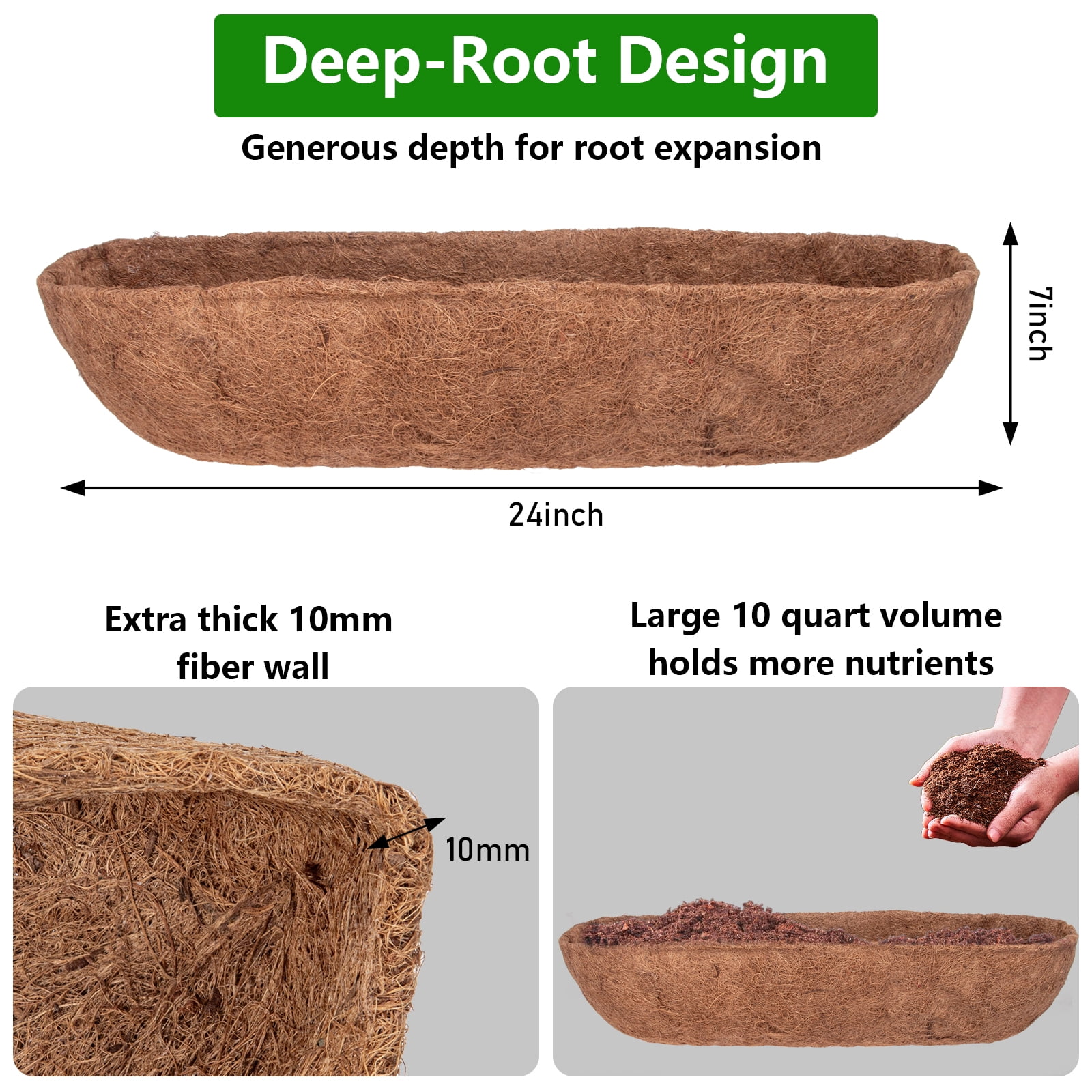24 Inch Coconut Coir Trough Liner, 2 Pack, Pre-Formed Coconut Fiber Replacement for Window Box and Deck Railing Planters