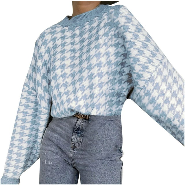 IROINID Pull à Col Rond pour Femmes Pull à Carreaux Ample Mi-Longueur Manches Longues Tricot Géométrique Rétro