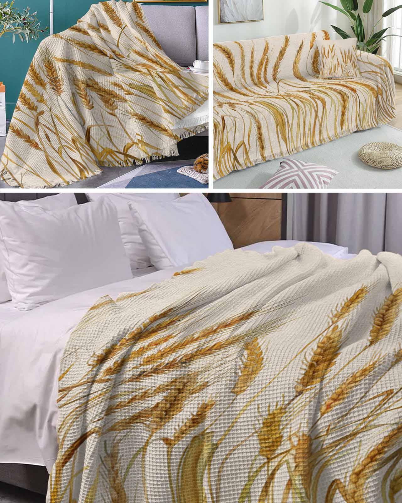 Gold Wheat Sofa Couch Covers for Dog,Washable Sofa Throw Cover Single Slipcoverfor Armchair with Tassels,Farmhouse Vintage Summer Autumn Crops Couch Protector Towel Blanket Medium 71''x91''