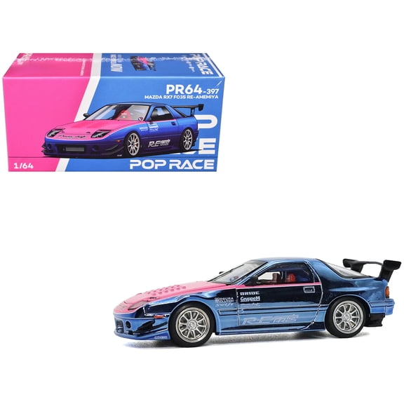 Mazda RX7 (FC3S) RE Amemiya RHD Blue Metallic with Pink Hood "Los Angeles Edition" 1/64 Diecast Model Car by Pop Race