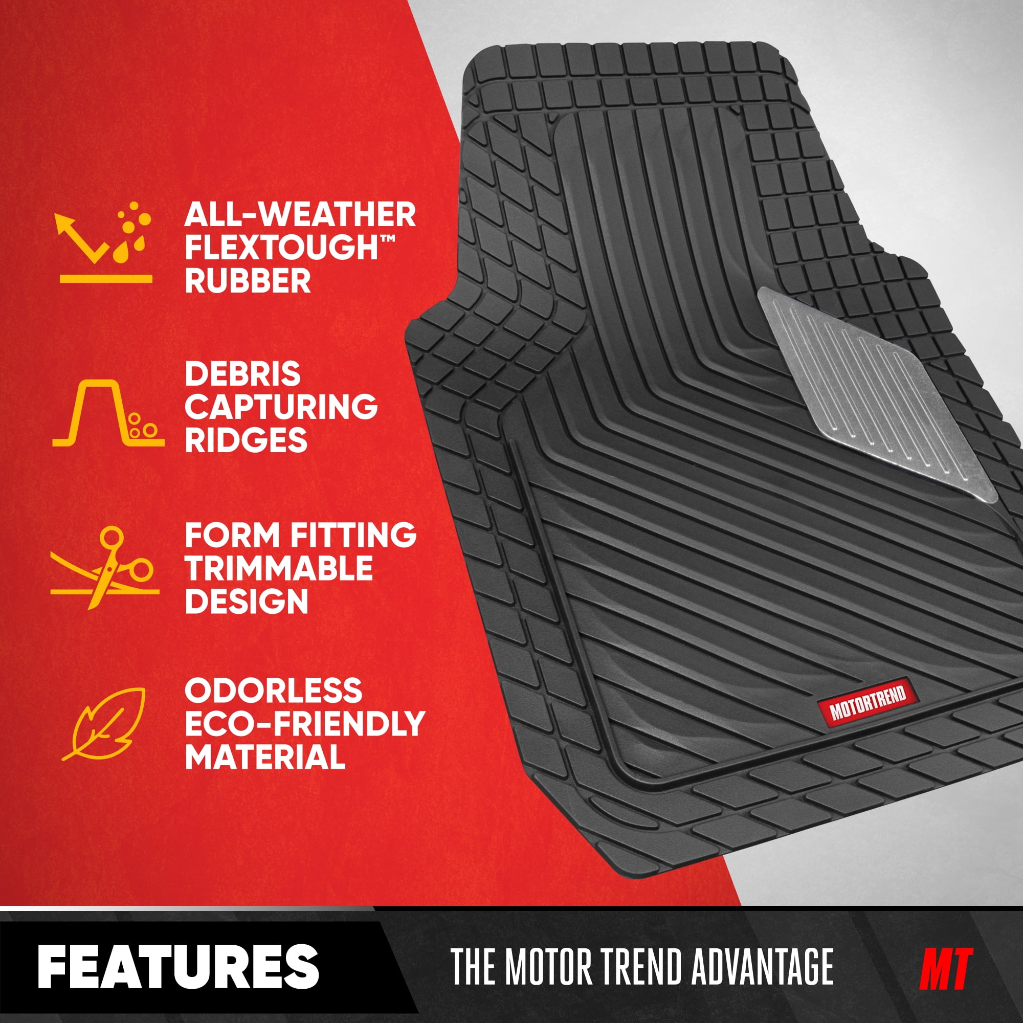 Motor Trend MetallicGuard Car Floor Mats Full Set - Durable Rubber Floor Mats with Silver Metallic Heel Pad, All-Weather Interior Protection for Front and Rear with Non-Slip Backing