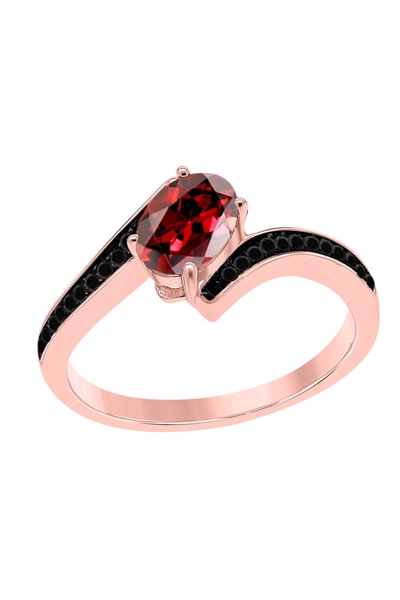 1.00 Carat Oval Shape Garnet and Black Diamond Ring In 14K White Rose & Yellow Gold