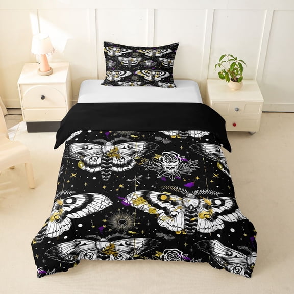 Homewish Death Moths Twin Duvet Cover,Halloween Spooky Skull Twin Bedding,Yellow Purple,Black Reversible,2-Piece,1 Duvet Cover and 1 Pillowcase