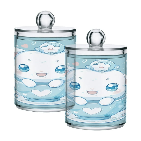 2 Pack Qtip Holder Dispenser Cute Cinnamoroll Sanrio in Cup Clear Plastic Storage Apothecary Jars for Cotton Swabs Balls Pads Floss