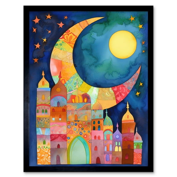 Eid Crescent Moon Cityscape Folk Art Watercolour Painting Art Print Framed Poster Wall Decor 12x16 inch
