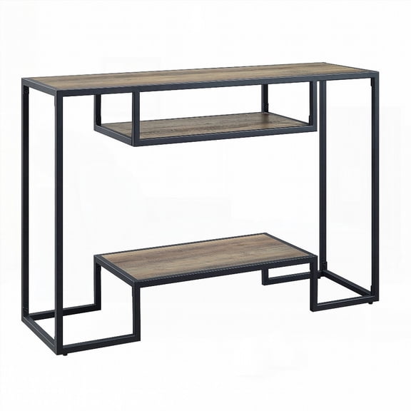Sturdy Rustic Oak and Black Console Table with 2 Shelves - Industrial Aesthetic