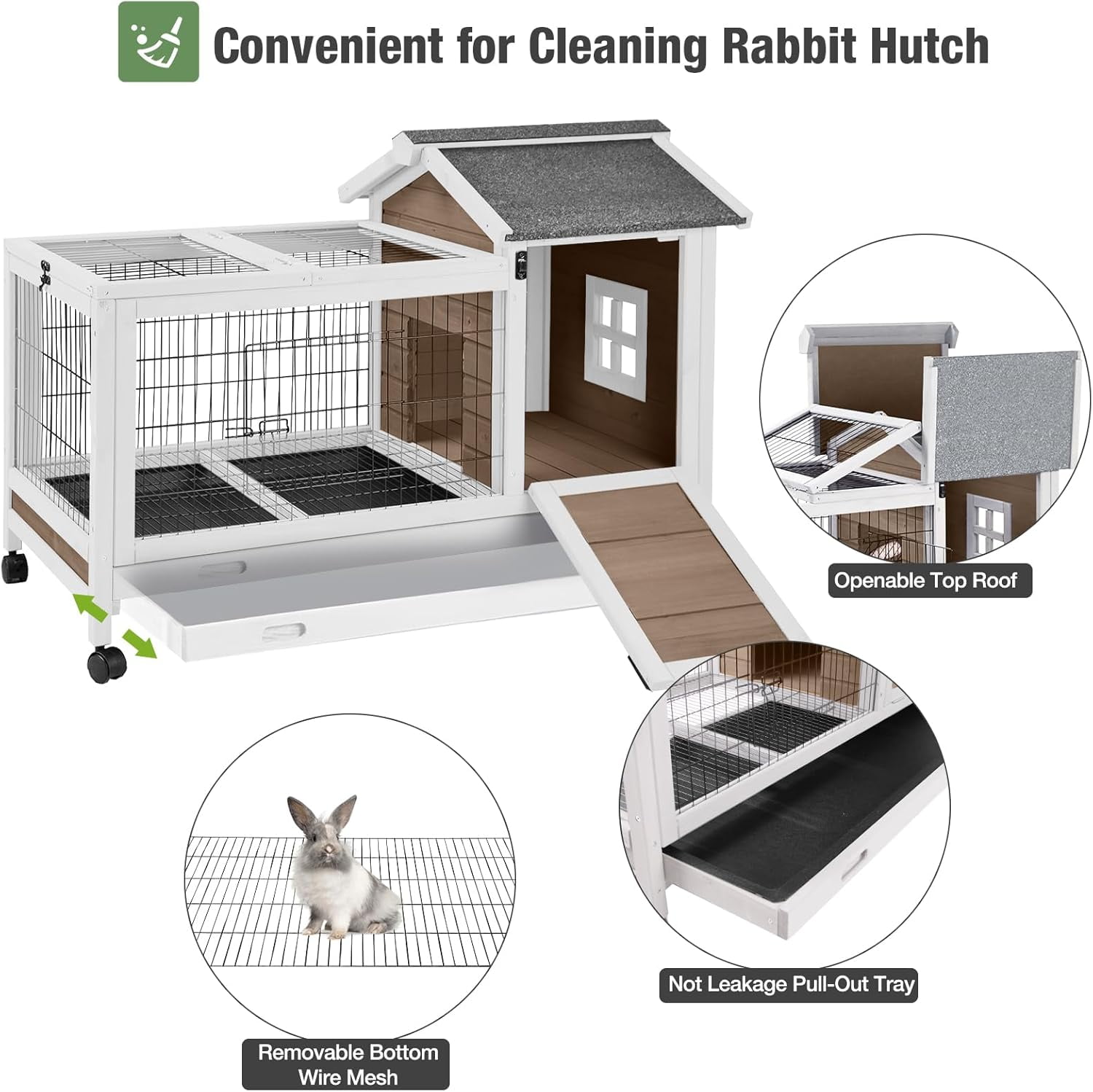 Aivituvin Wooden Rabbit Hutch Indoor and Outdoor, Rabbit Cage with Removable Wire Netting and Leak Proof Tray, Mobile Bunny Cage with Wheels (Brown)