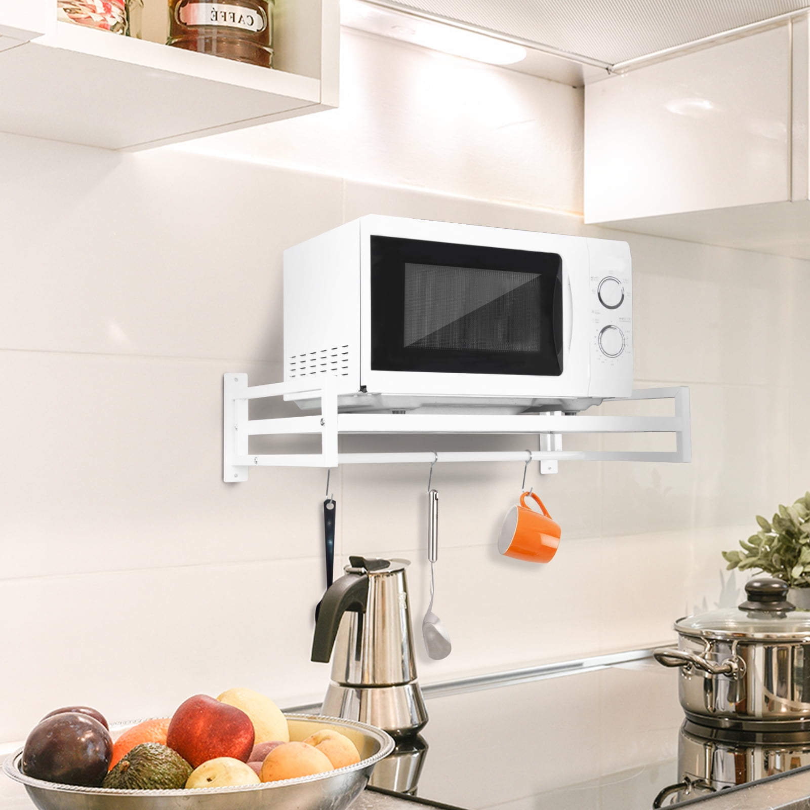 ABCOOL Wall Mount Microwave Oven Shelf Rack White Carbon Steel with Hook Rail and 3 Slidable Hooks