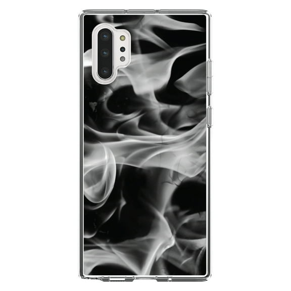 DistinctInk Clear Shockproof Hybrid Case for Galaxy Note 10 PLUS (6.8" Screen) - TPU Bumper, Acrylic Back, Tempered Glass Screen Protector - Grey Black Flame Fire - Printed Image of Fire