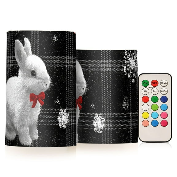Black Gingham Plaids Rabbits with Bows Christmas Flickering Flameless Candles LED Tealight Battery Operated with Remote Set of 2 Holiday Decor Ornaments