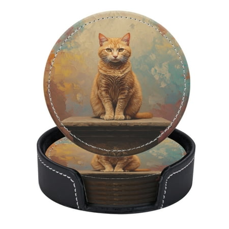 

PU Leather Coasters for Drinks Bar Beer Set of 6 with Holder Round Housewarming Gift Full-Body Orange Cat Sitting On Top Of Table
