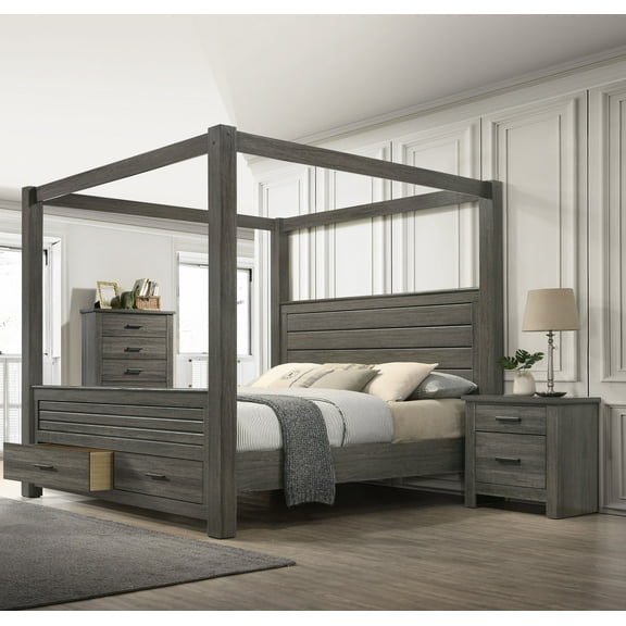 3Pc King Canopy Storage Bed Chest Nightstand Set Bedroom Furniture Gray