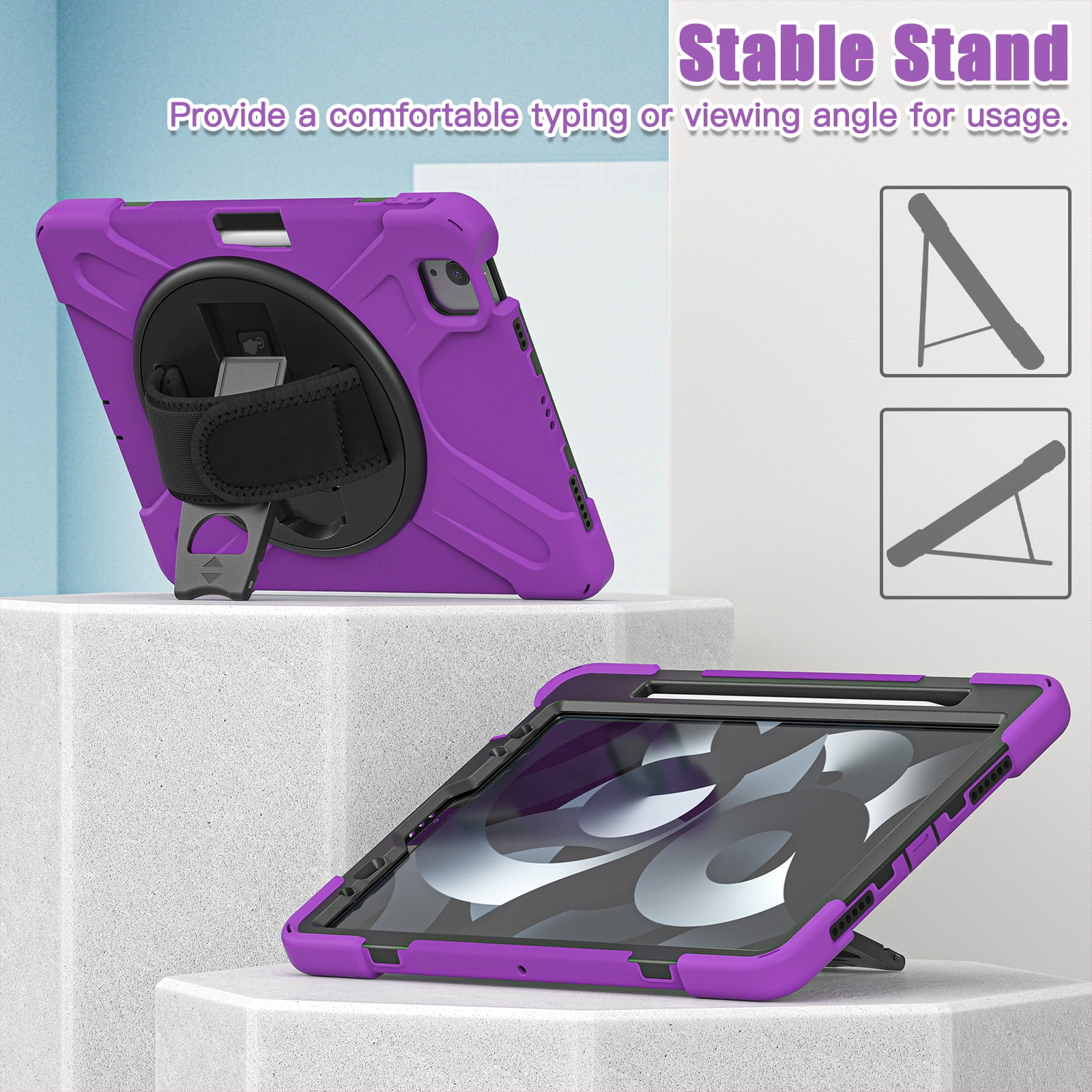 ELEHOLD Case For Apple iPad 11th(A16) 2025/10th Gen 2022, Military Grade Silicone Hybrid Rugged Case with Pencil Holder Rotating Stand Hand/Shoulder Strap,Purple