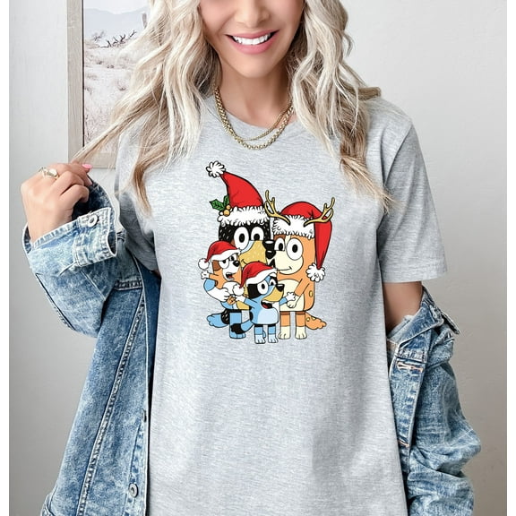 Moonlight Apparel Bluey Family Christmas T-Shirt for Women & Men Holiday Graphic Tee with Santa Hat Cartoon Print Funny Xmas Gift Casual Cotton Blend Short Sleeve Top