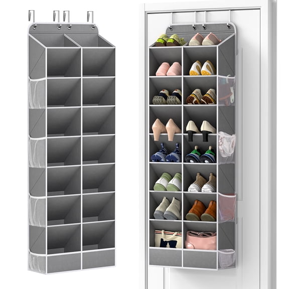 8 Tier over the Door Shoe Organizer of Deep 16 Compartments, 50lbs Load Shoe Rack for Door in Oxford Holds 16-24 Pairs, Stain-Resistant Hanging Shoe Organizer for Closet, Grey