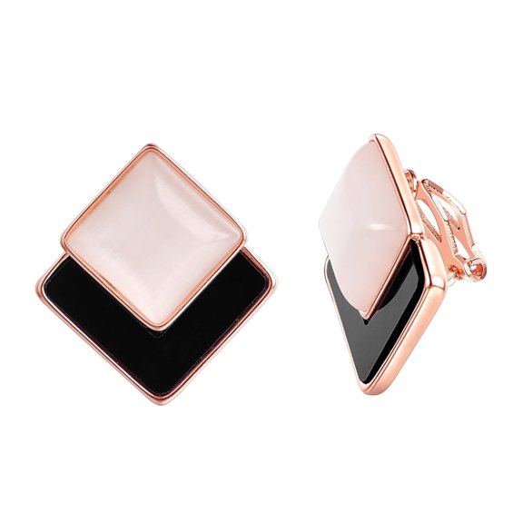 Yoursfs Geometry Pink and Black Clip on Earrings for Women With Non Pierce Ear Clip Gold Plated Square Earring Two-tone Opal Fashion Jewelry