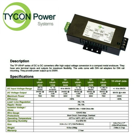 Tycon (TP-VRHP-1224) 10-15VDC Input, 24VDC 3A 70W Output Voltage Converter