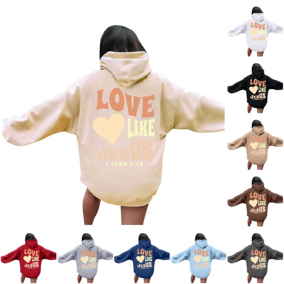 XIAOCHA Religious Heart Letter Hoodie For Women Back Print Oversized Casual Pullover Sweatshirt