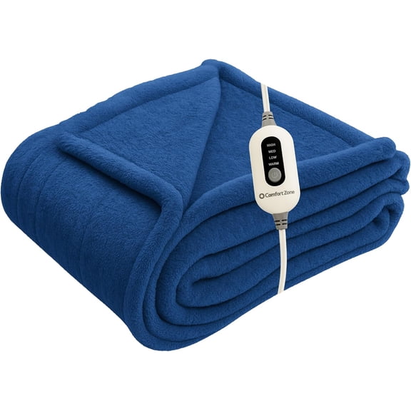 Comfort Zone Heated Blanket Electric Throw, Solid Pattern, Micro Plush Electric Blanket, Heating Blanket with 4 Heating Levels, 3H Timer, Auto Shutoff, Fast Heating (50x60 inches, Navy)
