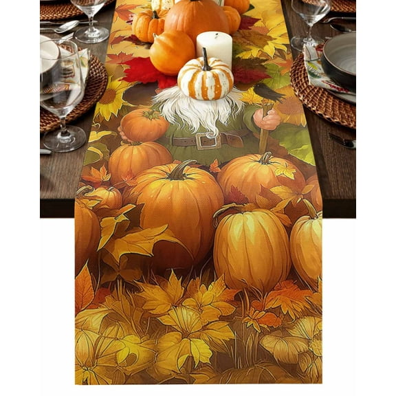 Autumn Gnome Pumpkin Harvest Table Runner-36 Inch Long Yellow Sunflower Fall Maple Leaves Table Runners Linen Burlap Tablerunner for Kitchen Dining Room Holiday Party