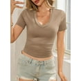 thumbnail image 4 of Summer Short Sleeved Deep V-neck Solid Color Women Slim Fit T-shirt, 4 of 6