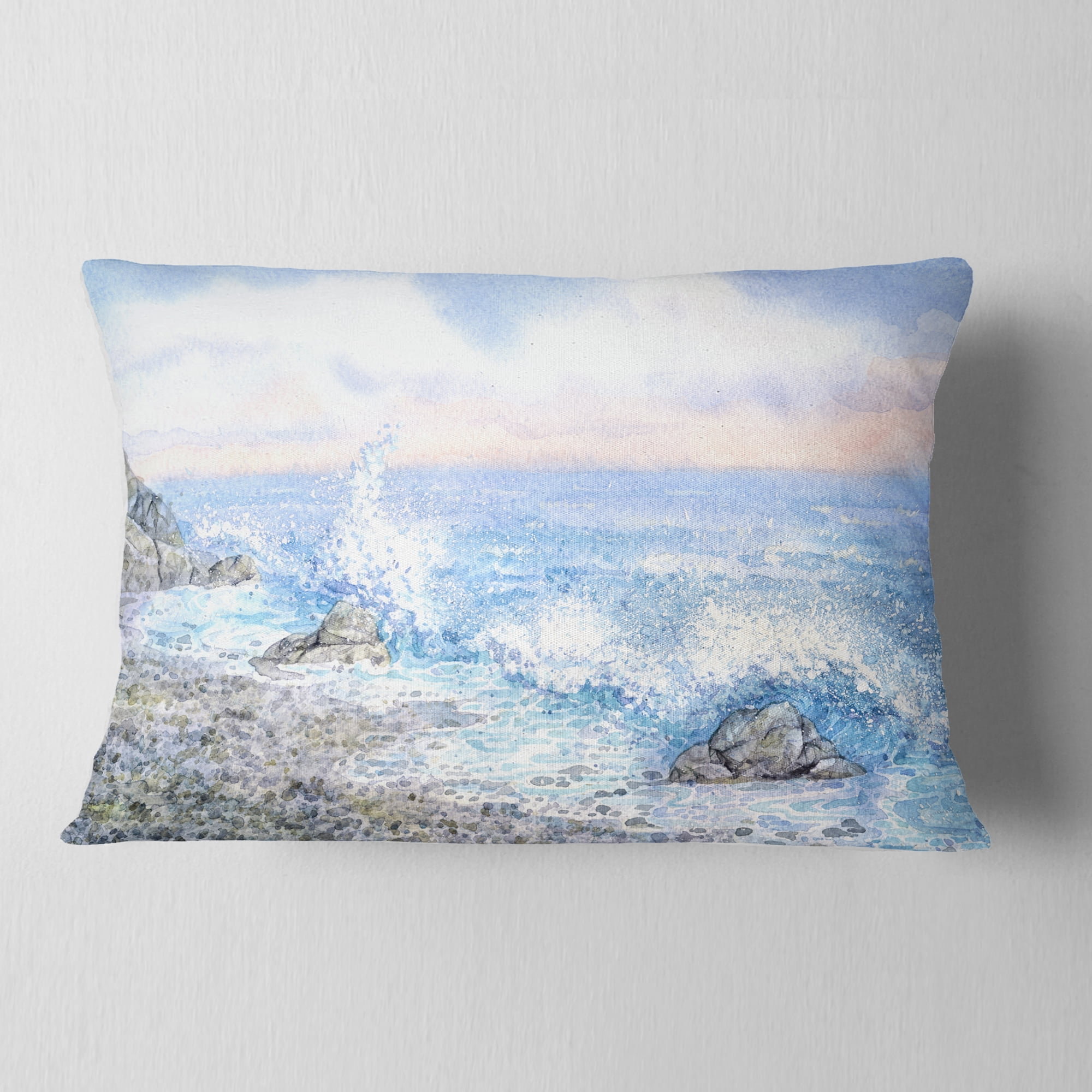 Designart Blue Watercolor Waters - Seascape Throw Pillow - 12x20