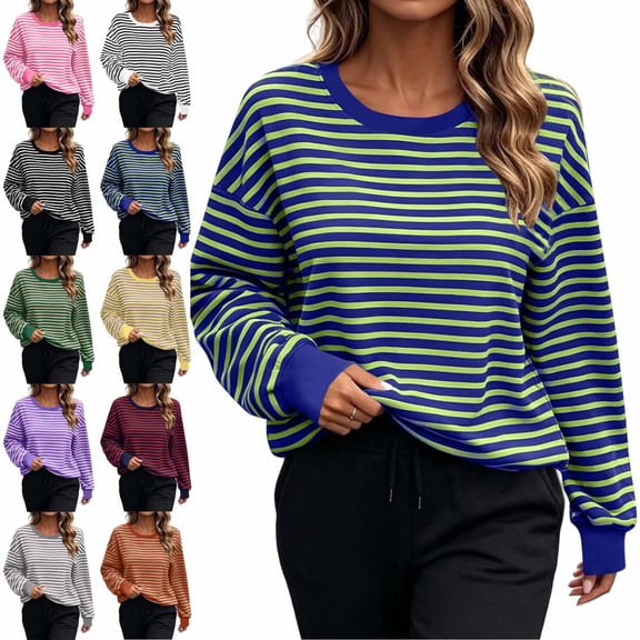 Zysthvn Casual Sweatshirts for women Winter Pullover Striped Womens Sweatshirts Long Sleeve Crewneck Loose Fit Tops