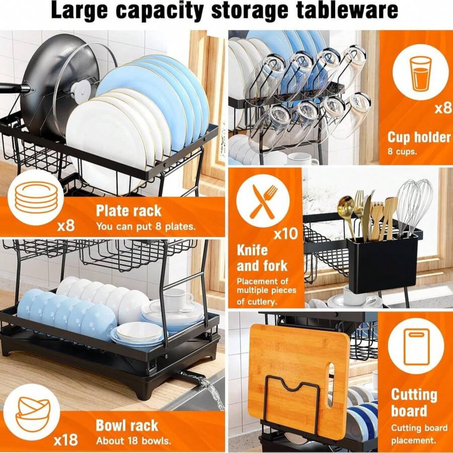 Rustproof Stainless Steel Dish Drying Rack, 2-Tier Large Dish Rack For Kitchen Countertops,