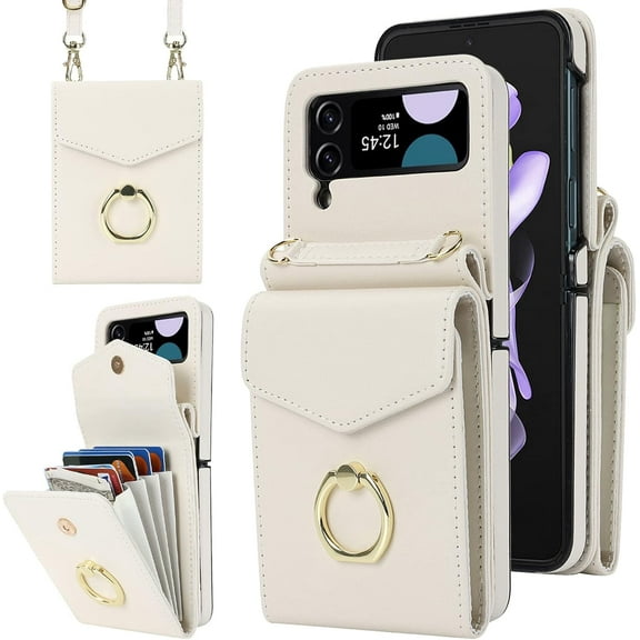 MYKOMI Crossbody Wallet Phone Case for Samsung Galaxy Z Flip 4 5G 2022 Leather Case with Card Holder & 360° Ring Kickstand Purse Cover Magnetic Closure Flip Handbag Shell