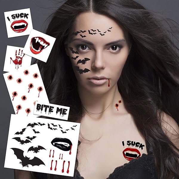 wonima02 Vampire Temporary Tattoo Kit – Bite Marks - Bats - Blood Drops & Fun Phrases - Easier than Make-Up - MADE in USA (Vampire 6pk)