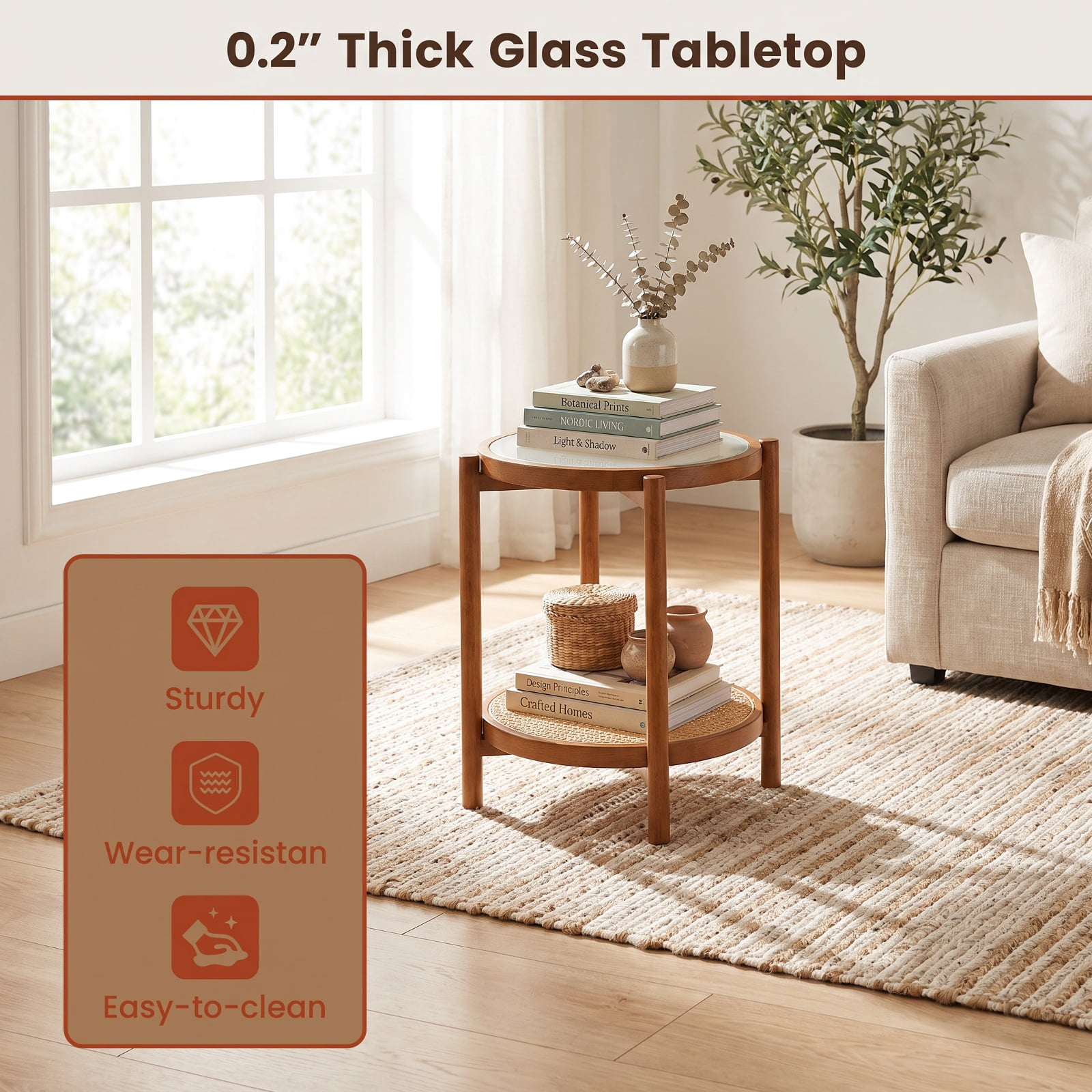 Furnibear Round Side Table 2 Tier Boho End Table with Tempered Glass Top and Woven Rattan Shelf on Acacia Wood Legs for Living Room, Walnut