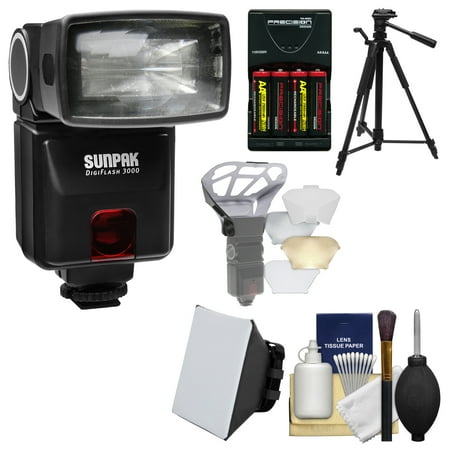 Sunpak DigiFlash 3000 iTTL Flash + Batteries/Charger + Tripod + Soft Box + Diffuser Bouncer Kit for Nikon D3200, D3300, D5300, D5500, D7100 Camera