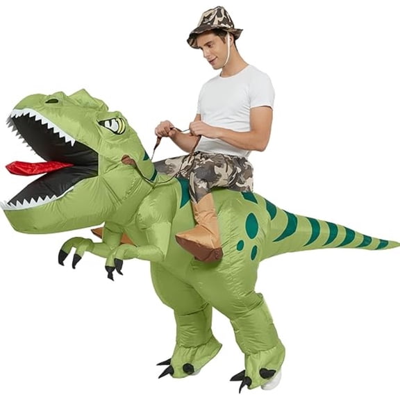 Inflatable Dinosaur Costume Riding On A Tyrannosaurus Suit Fun Masquerade Props Halloween Green Dinosaur Adult Dress Up,Height 59"–74.8",Dinosaur