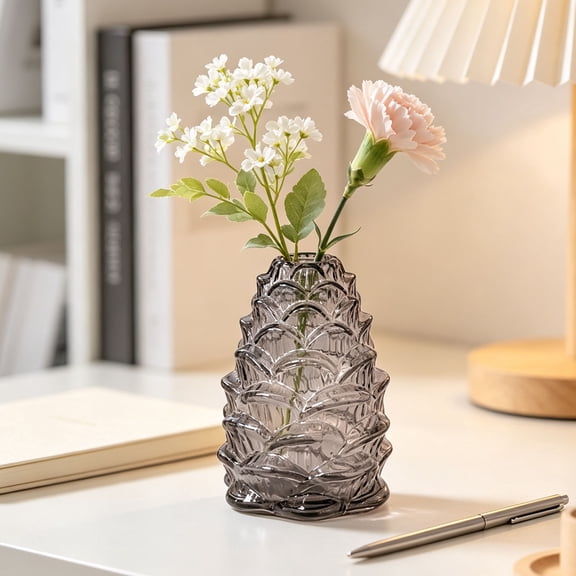MYUNNIL Pinecone Shaped Glass Vase, 6" Conical Transparent Embossed Glass Flower Vase, Fall Farmhouse Floral Accessory for Home Mantel Table Office Shelf Decor, Gray
