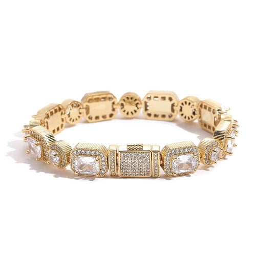 10mm 14K Yellow Gold Baguettestone Bracelet 20cm Micro Paved Bling Rhinestones Link Chain Fashion Mens Hiphop Jewelry
