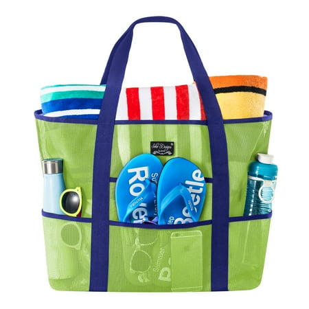 City Light Tote - SoHo Collection, Mesh Beach Bag - Toy Tote Bag - Large Lightweight Market, Grocery & Picnic Tote with Oversized Pockets (Green/Blue)