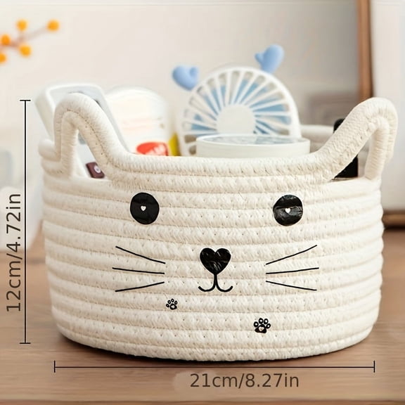White，Charming Cat-Face Storage Basket – Woven Cotton, Space-Saving Organizer for Dorms, Bedrooms & Offices – Multi-Functional Desktop Sorter for Daily Use