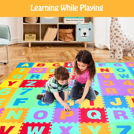Costway Kids Foam Interlocking Puzzle Play Mat w/Alphabet & Numbers 72-Piece Set - Multi-Color